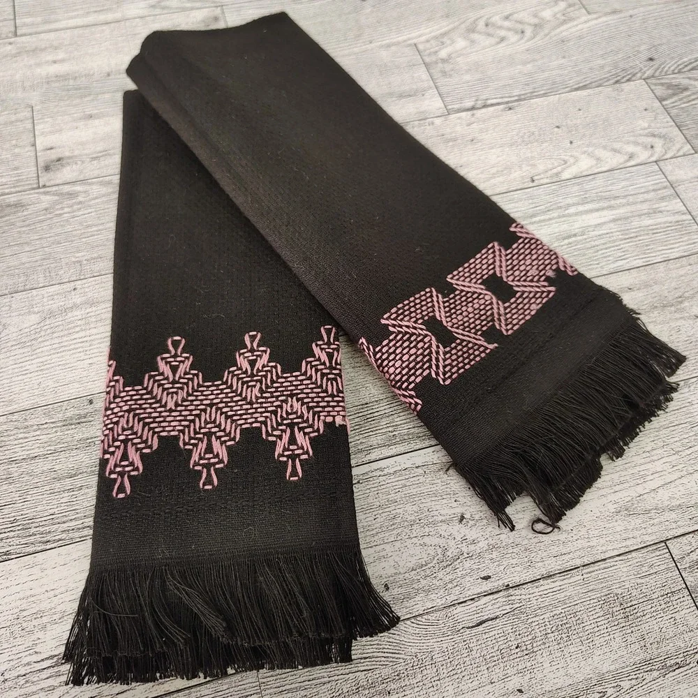 Handmade Tea Towel Set Black Pink Geometric Pattern MCM Embroidered Fringe Decor
